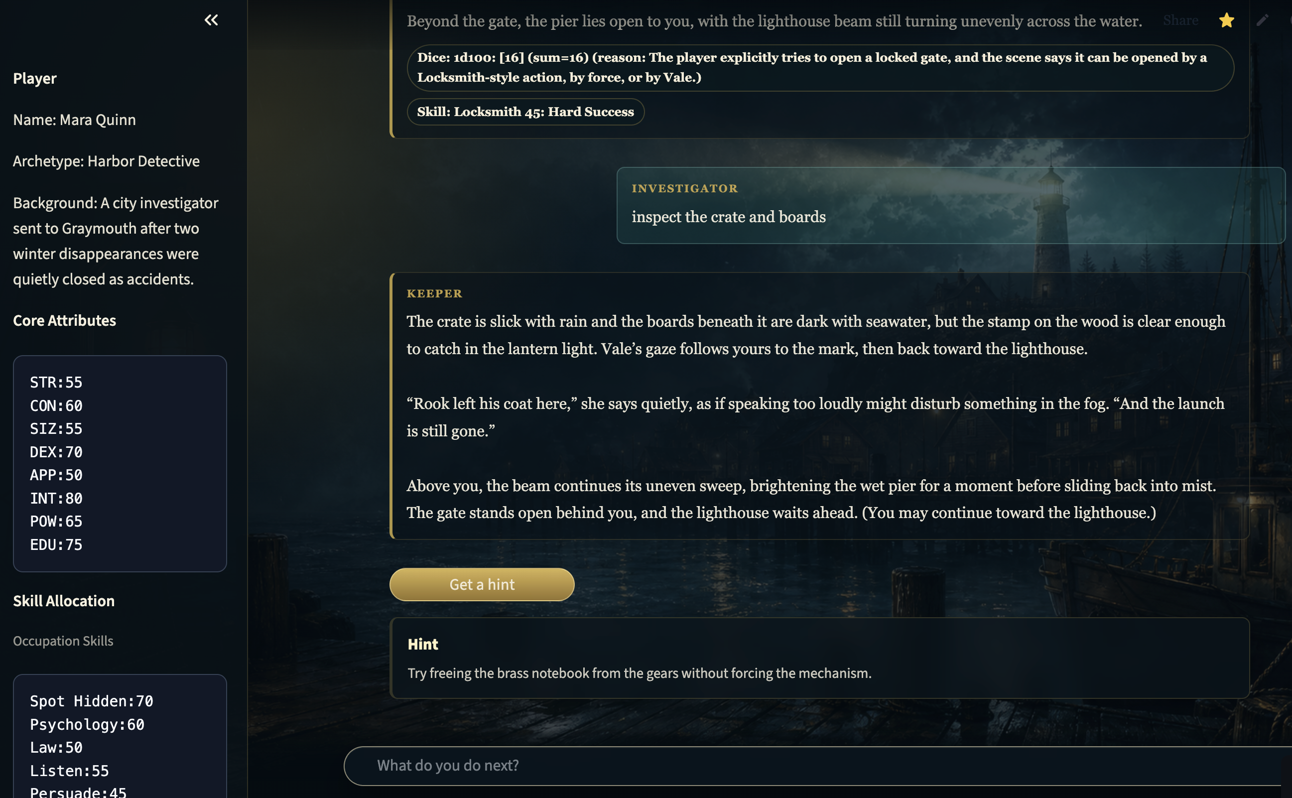 Branching Storytelling Agent in-session demo screen